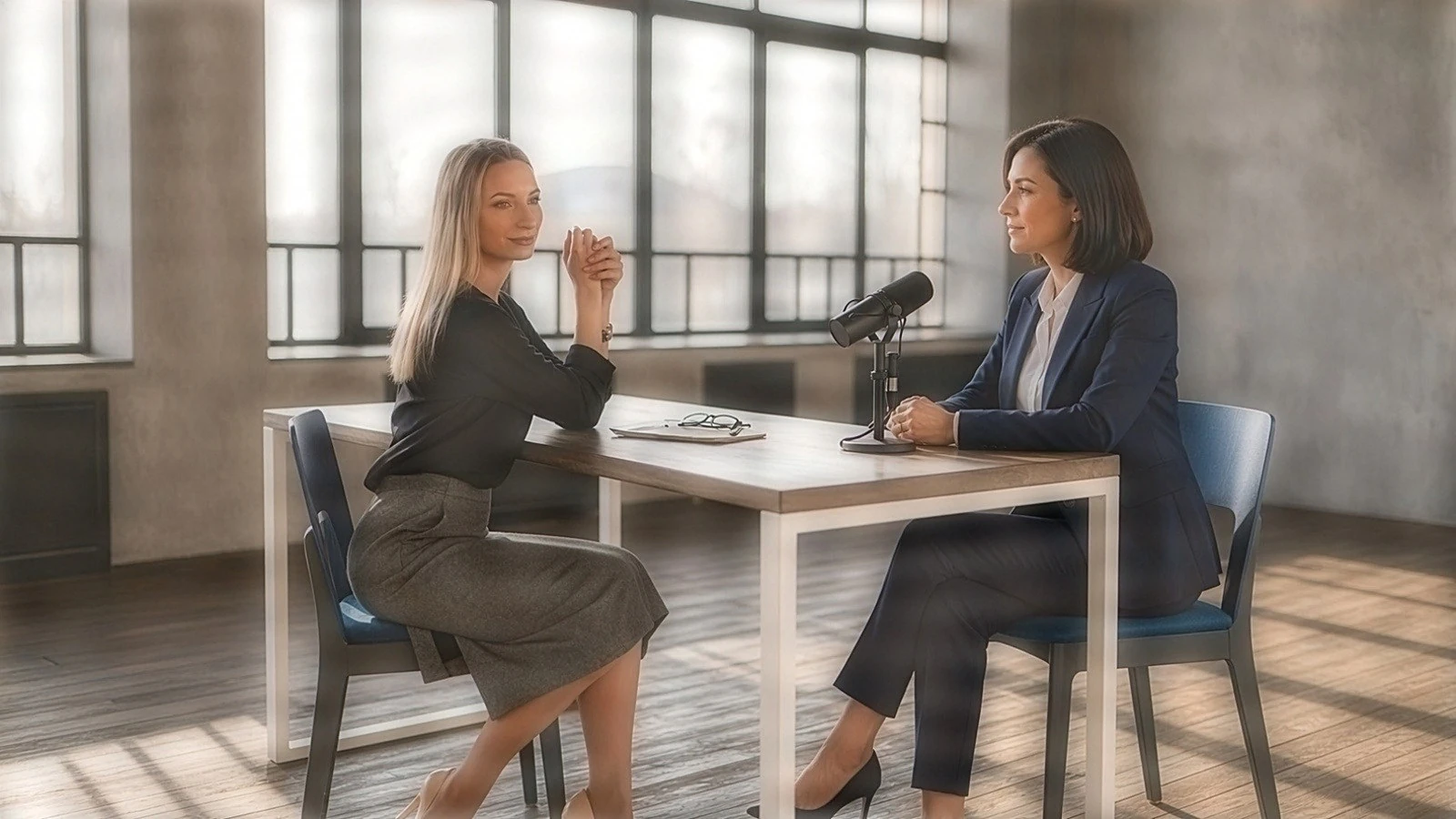 Snemanje intervjuja: voditeljica in gost za mikrofonoma v mirnem studiu